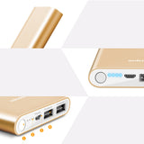 12000mAh Power Bank in gold aluminum alloy design, ultra-thin and portable for efficient charging.