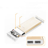 12000mAh Power Bank in gold aluminum alloy design, ultra-thin and portable for efficient charging.