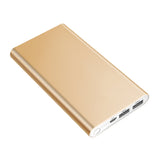 12000mAh Power Bank in gold aluminum alloy design, ultra-thin and portable for efficient charging.